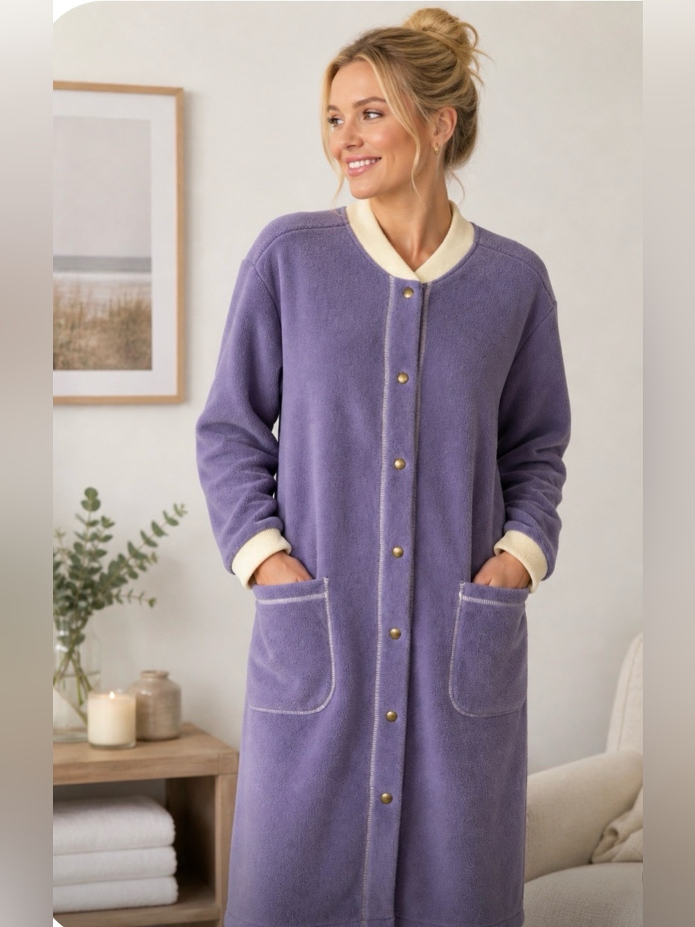 Orvis Lavender Long Snap-Front Fleece Robe/Duster with Cream Trim